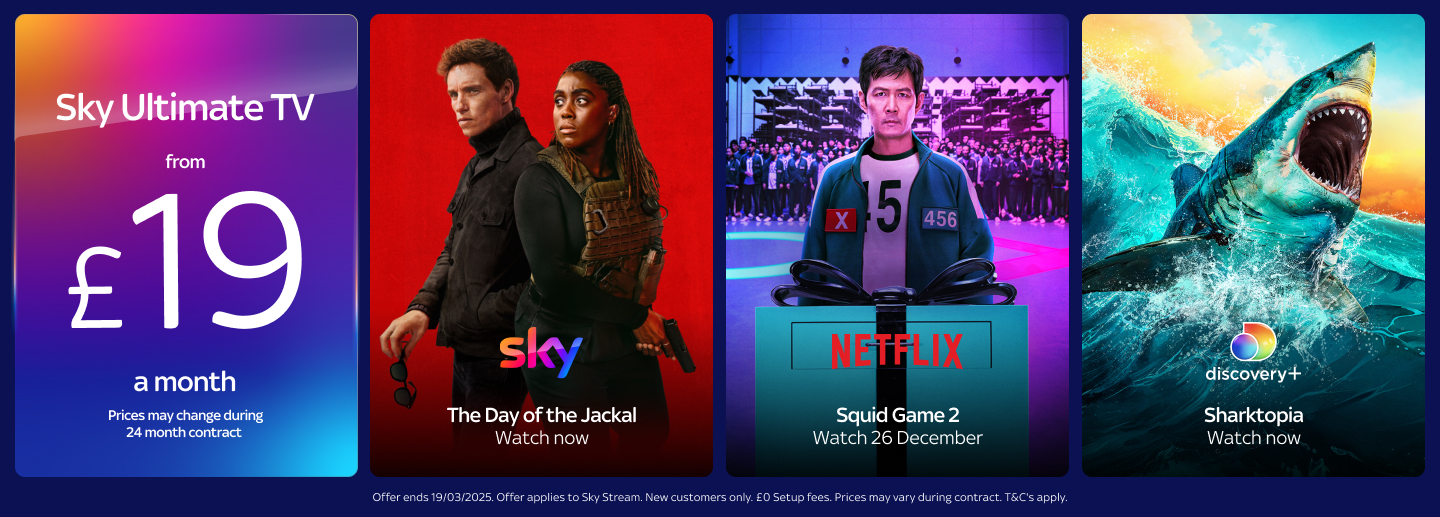 Sky Stream: Sky and Netflix and Discovery+ from £23 a month on 24-month-contract. Terms and Conditions apply.